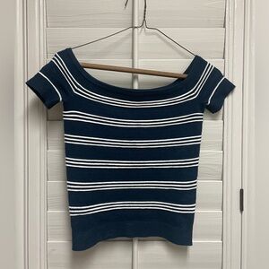 American Eagle Navy and White Striped Off the Shoulder Knit Crop Top - Size XS